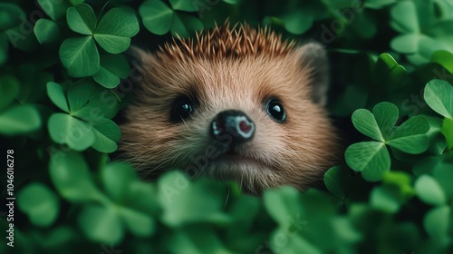 A hedgehog emerges through vibrant green clover leaves, capturing the essence of curiosity and innocence in a fresh and playful natural environment scene. photo