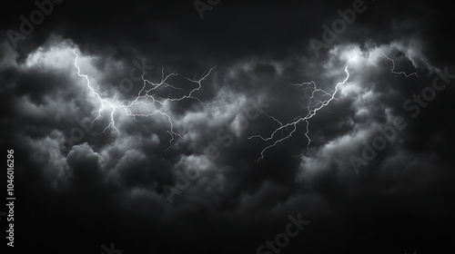 Black storm clouds with lightnings and smoke isolated on white background 