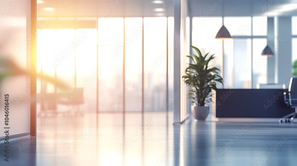 Fototapeta premium Beautiful blurred background of a light modern office interior with panoramic windows and beautiful lighting 