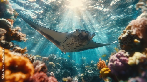 A lone manta ray gracefully soars through a vibrant underwater ecosystem, highlighted by warm sunlight and abundant coral formations, capturing oceanic wonders. photo