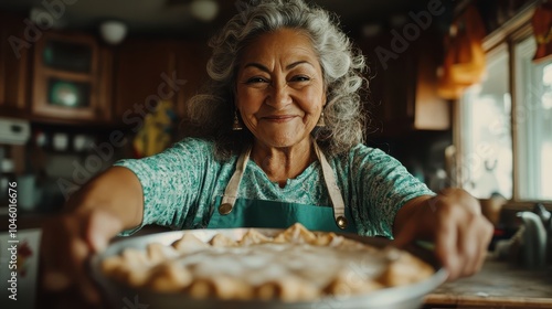 An elderly woman with gray hair joyfully presents a freshly baked pie in a warm, rustic kitchen setting. The ambiance is filled with love and culinary passion.