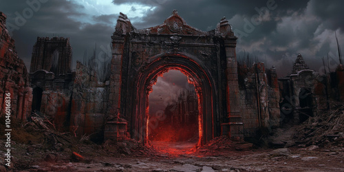 Dark, rusted fantasy gate adorned with sharp, jagged details, emitting a deep red glow from within its cracks, surrounded by desolate ruins, ideal for a haunting fantasy setting