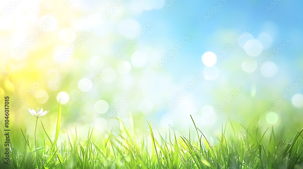 Beautiful sunny spring meadow with green grass and blue sky Abstract background with light bokeh and space for text Beautiful sunny spring meadow with green grass and blue sky Abstract background with light bokeh and space for text