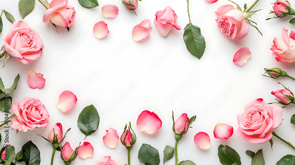 Decorative web banner Close up of blooming pink roses flowers and petals isolated on white table background Floral frame composition Empty space flat lay top view Decorative web banner Close up of blooming pink roses flowers and petals isolated on white table background Floral frame composition Empty space flat lay top view