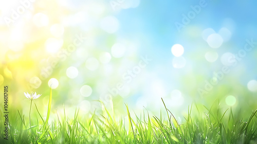 Beautiful sunny spring meadow with green grass and blue sky Abstract background with light bokeh and space for text 
