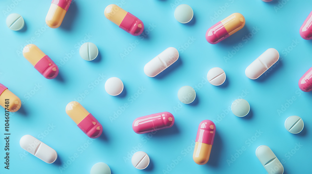 Colorful medicine tablets antibiotic pills on soft blue background Colorful medicine tablets antibiotic pills on soft blue background