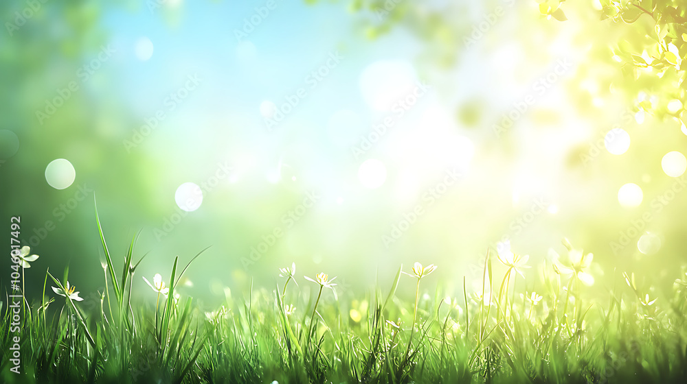Fototapeta premium Beautiful sunny spring meadow with green grass and blue sky Abstract background with light bokeh and space for text 