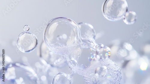 Close up of white white drops liquid bubbles molecules