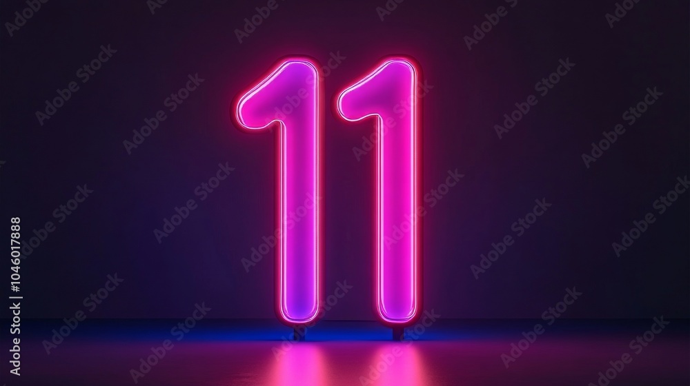Number 11, Vibrant Pink Neon Sign on a Dark Background, with Reflections. 3D Illustration. Number 11, Vibrant Pink Neon Sign on a Dark Background, with Reflections. 3D Illustration.