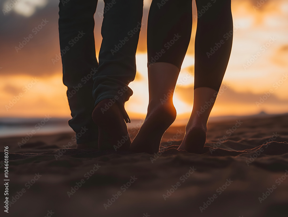 Fototapeta premium Close up of legs of a couple walking on the beach at sunset. Valentine's Day concept.