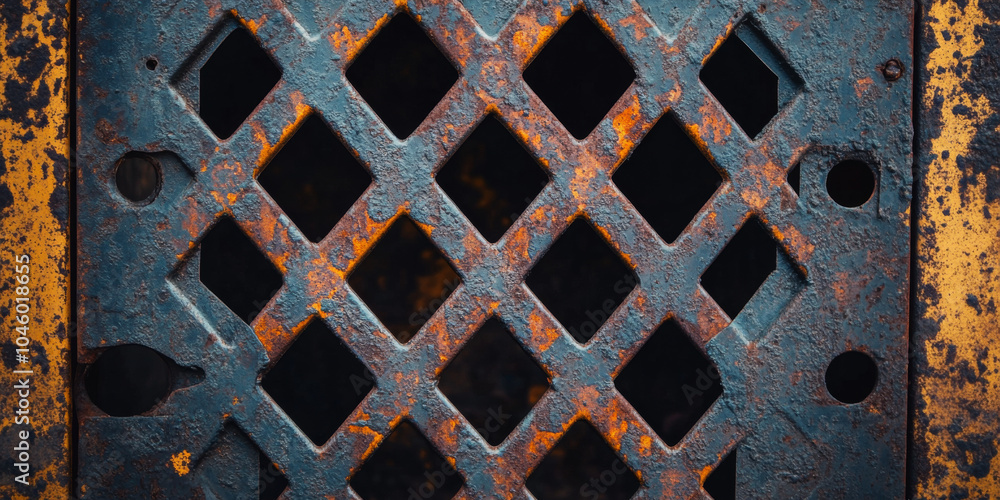 Detailed view of a weathered metal grate with a diamond-shaped geometric pattern, showcasing the layers of rust, patina, and corrosion for a rugged industrial texture Detailed view of a weathered metal grate with a diamond-shaped geometric pattern, showcasing the layers of rust, patina, and corrosion for a rugged industrial texture