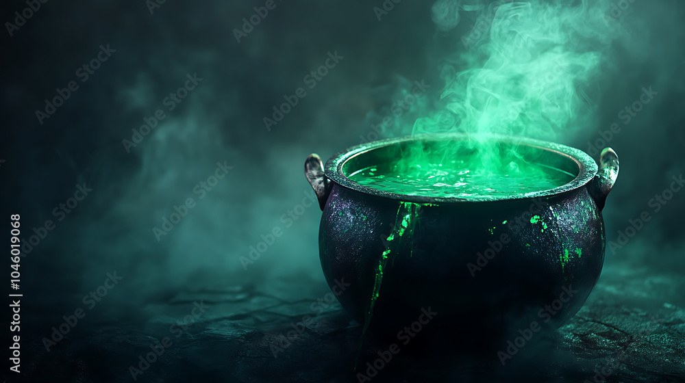 Cauldron with green glowing potion isolated on a dark foggy background Cauldron with green glowing potion isolated on a dark foggy background