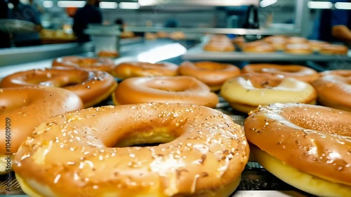 Witness lowangle shot hundreds freshly baked glazed ring doughnuts traveling conveyor belt bakers busily working background all filmed 4K cinematic 24 frames second delectable donut glaze photo