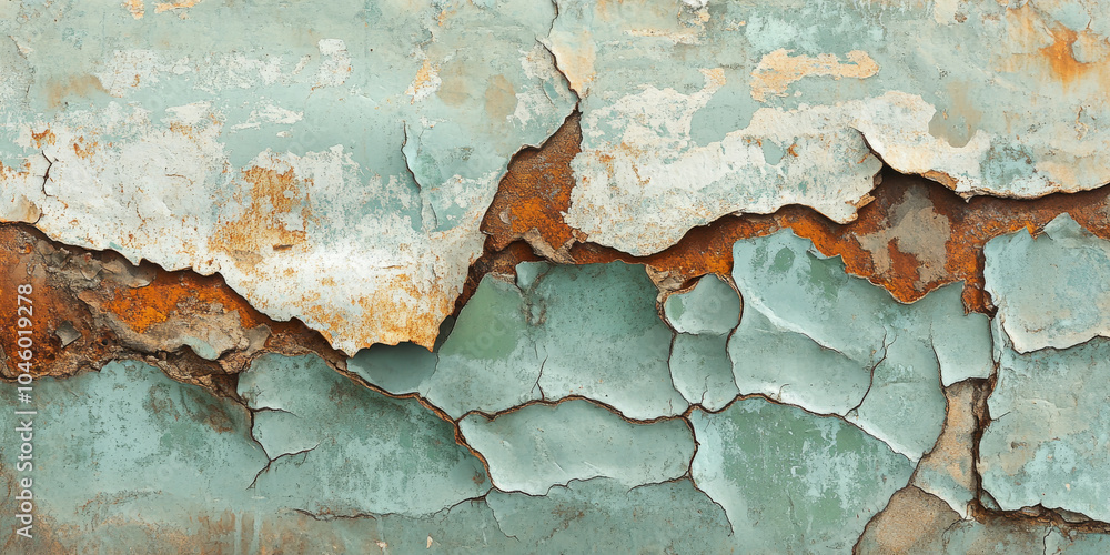 Obraz premium Abstract background of rusty metal with layers of chipped pale blue and green paint, revealing corroded patches and cracks, forming a textured industrial design