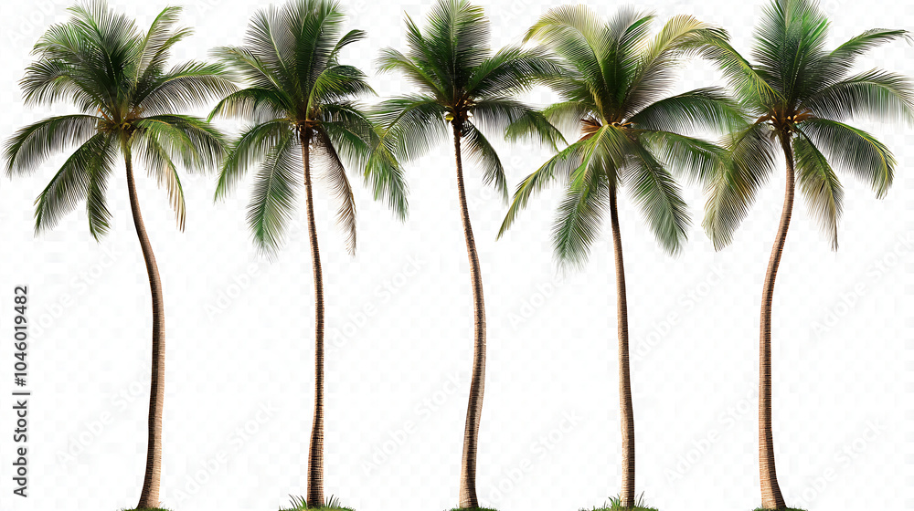 Obraz premium A set of coconut palm images cut out on a white background Close up of exotic trees in side view Clipart of trees to insert into a set or project 