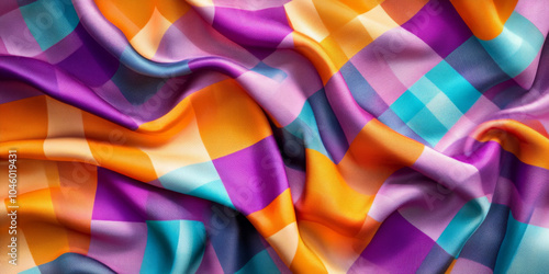 Cheerful checkered fabric in bright purple, orange, teal, and yellow colors, laid flat on a light surface, emphasizing its lively and fun pattern photo