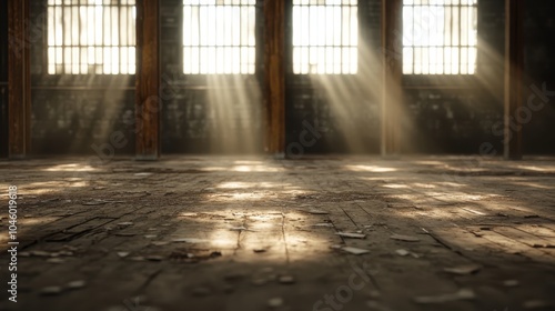 An abandoned warehouse with a dusty wooden floor, brilliant sunbeams streaming in through barred windows, creating a visually arresting pattern of light.