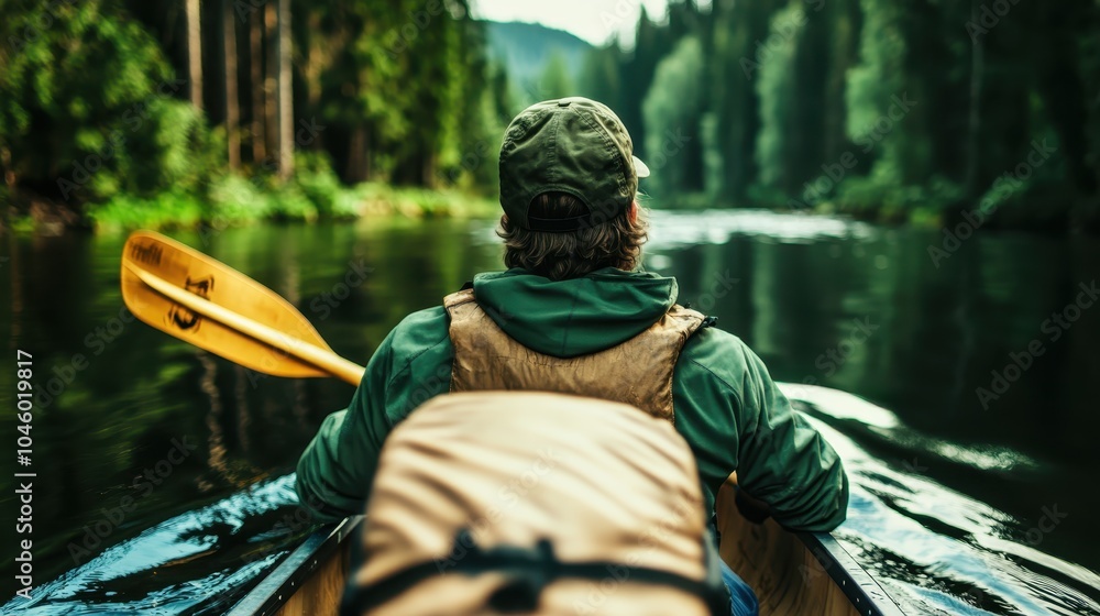 A lone man navigates a canoe down a tranquil river, surrounded by lush green forests, embodying solitude and adventure in a beautiful natural setting. A lone man navigates a canoe down a tranquil river, surrounded by lush green forests, embodying solitude and adventure in a beautiful natural setting.