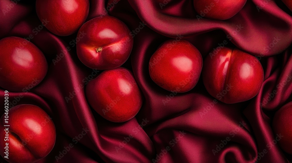 A number of vibrant red plums are nestled on deep red silk, showcasing a refined interplay between the fresh, natural allure of fruit and rich textile elegance. A number of vibrant red plums are nestled on deep red silk, showcasing a refined interplay between the fresh, natural allure of fruit and rich textile elegance.