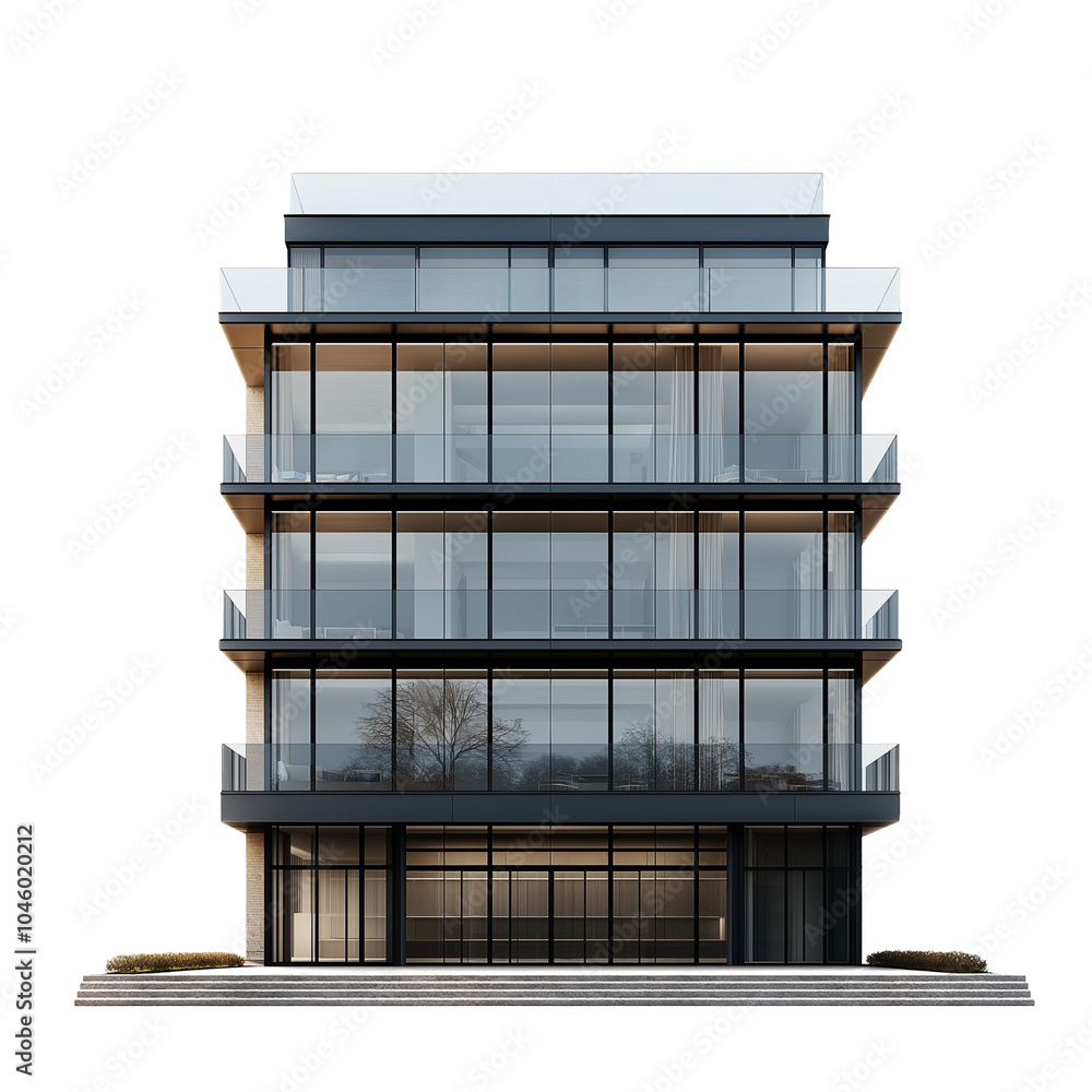 A contemporary office building with reflective glass windows and lush green trees surrounding it, basking in sunlight, PNG, Ai A contemporary office building with reflective glass windows and lush green trees surrounding it, basking in sunlight, PNG, Ai
