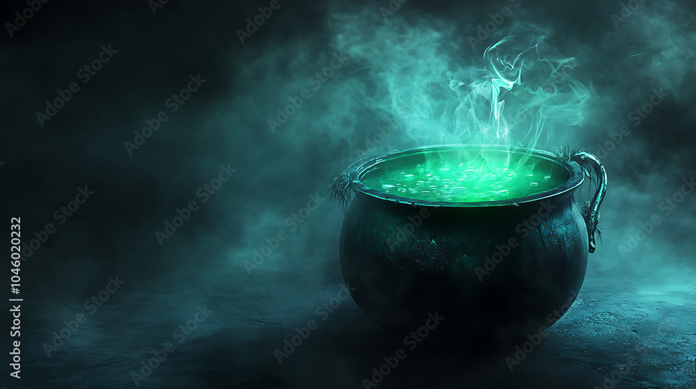 Cauldron with green glowing potion isolated on a dark foggy background Cauldron with green glowing potion isolated on a dark foggy background