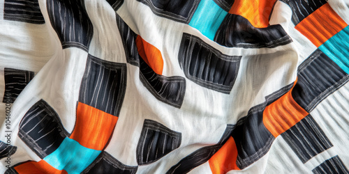 Bold black and white checkered fabric with accents of bright orange and turquoise, laid flat on a textured surface, emphasizing its modern, striking design photo