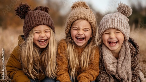 Three young girls wearing cozy knitted beanies share laughter while enjoying the autumn outdoors, capturing an essence of friendship and warmth in their lively expressions.