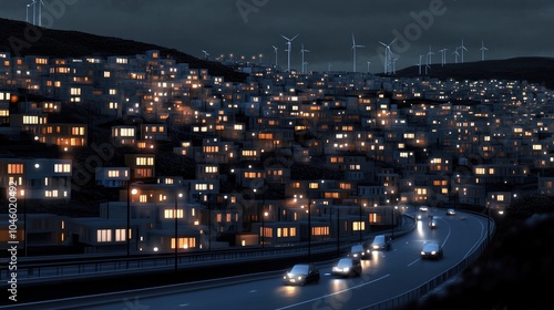 Wallpaper Mural This aerial view captures solar panels and wind turbines surrounded by a digital grid network lighting up a bustling city at night Torontodigital.ca