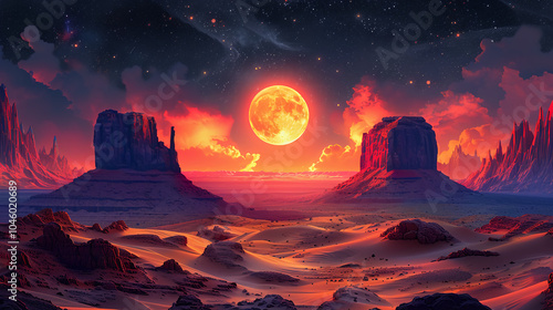 Enchanting Moonlit Landscape with Glowing Skies and Waterfalls

