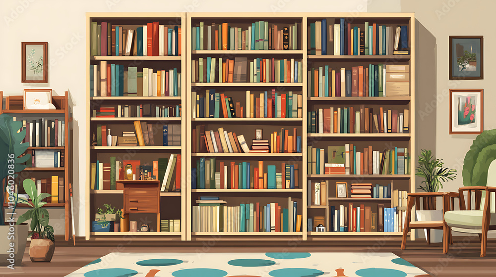collage template banner poster of big large bookcase with many book in house interior collage template banner poster of big large bookcase with many book in house interior