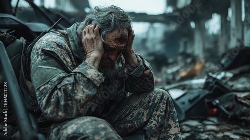 A weary soldier sits crouched amidst the ruins and debris, holding his head in his hands, embodying the emotional and physical toll of conflict and devastation.