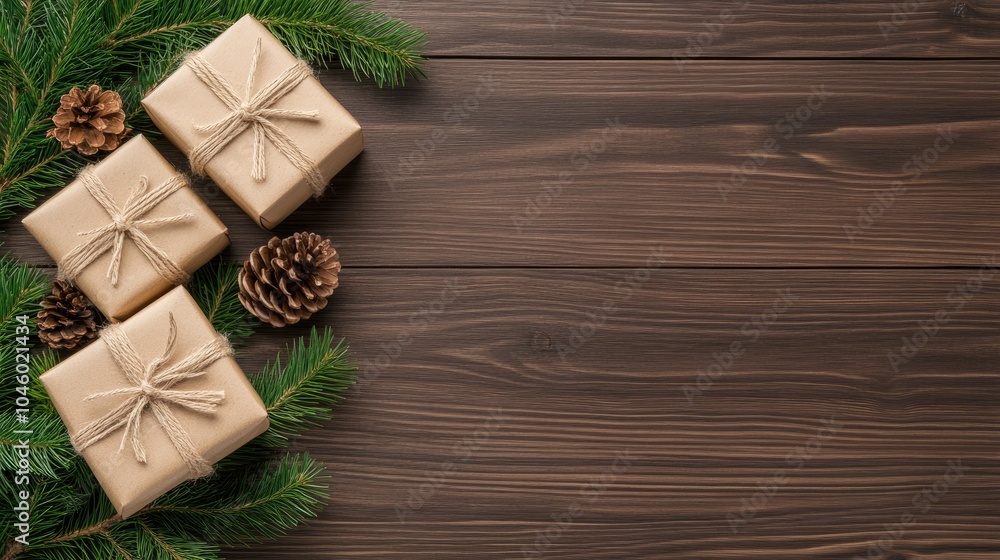 Fototapeta premium A brown wooden table displays Christmas gifts surrounded by pine branches, creating a festive mockup for seasonal designs