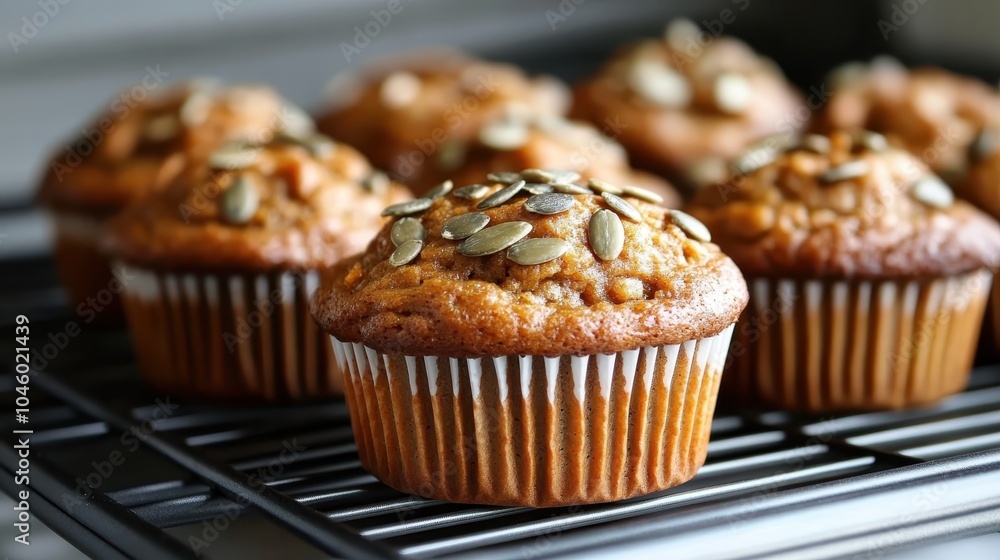 A batch of scrumptious cupcakes freshly baked, each adorned with pumpkin seeds, capturing the essence of homemade delights ready to be enjoyed and savored. A batch of scrumptious cupcakes freshly baked, each adorned with pumpkin seeds, capturing the essence of homemade delights ready to be enjoyed and savored.