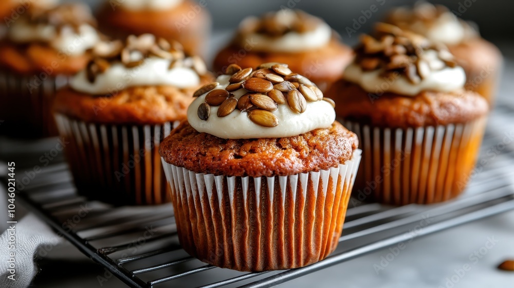 A close-up of cupcakes adorned with creamy frosting and sprinkled with pumpkin seeds, offering a delectable treat that embodies the warmth and indulgence of autumn. A close-up of cupcakes adorned with creamy frosting and sprinkled with pumpkin seeds, offering a delectable treat that embodies the warmth and indulgence of autumn.