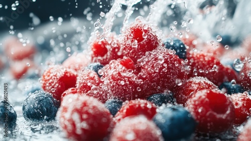 A lively depiction of mixed berries like raspberries and blueberries in a dynamic water splash, capturing their vibrant freshness and tantalizing visual allure.