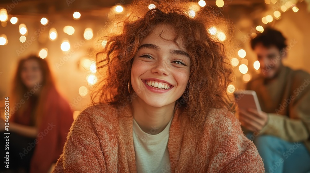 Amidst soft glowing lights, a cheerful young woman with playful hair sits comfortably, enjoying a warm evening with friends in a relaxed, joyful setting. Amidst soft glowing lights, a cheerful young woman with playful hair sits comfortably, enjoying a warm evening with friends in a relaxed, joyful setting.