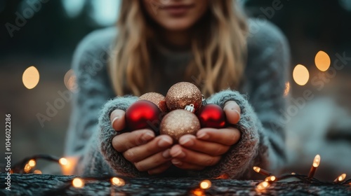 A person in a gray sweater holds festive red and gold Christmas ornaments in their hands, surrounded by warm, glowing lights, capturing a cozy winter feeling. photo