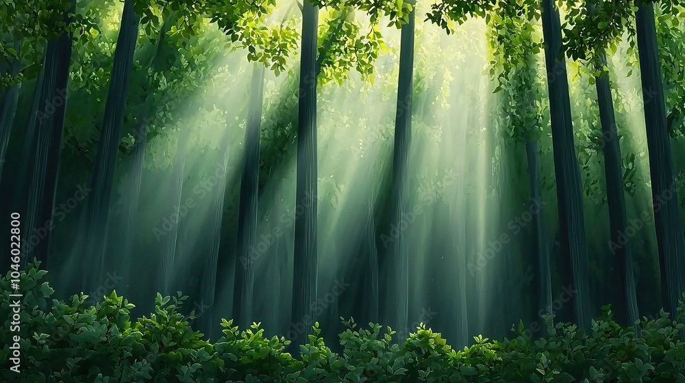 A verdant forest bathed in golden light on a bright day, as depicted in this stunning painting A verdant forest bathed in golden light on a bright day, as depicted in this stunning painting