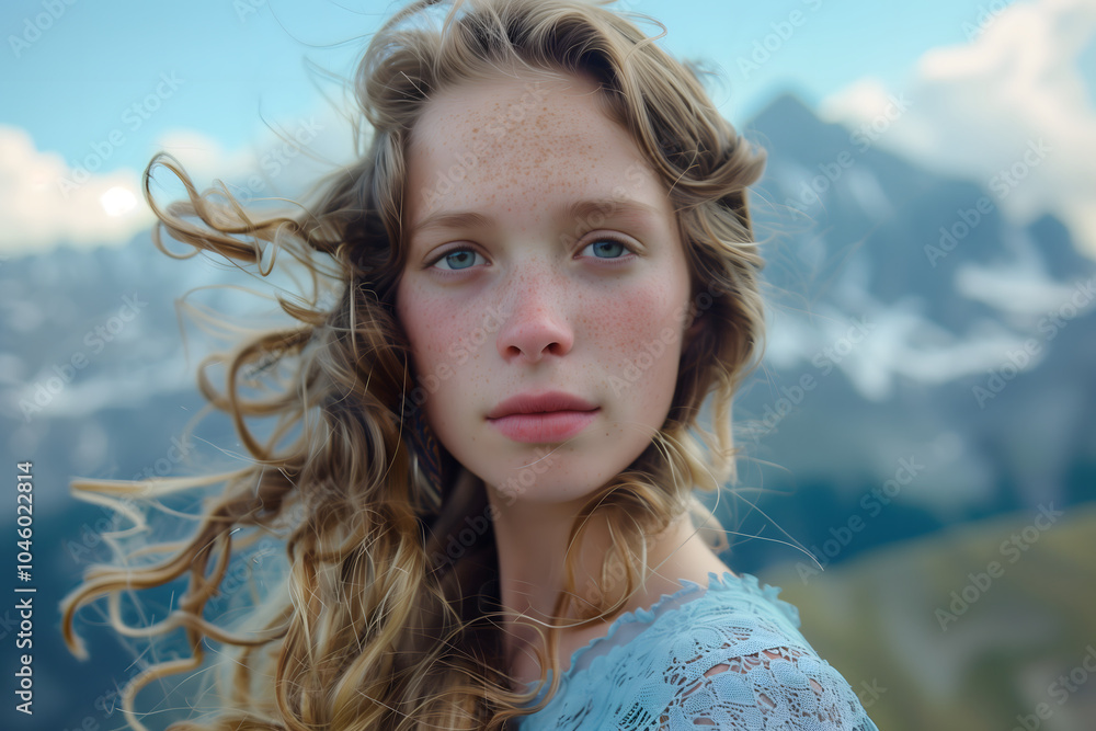 Portrait of young woman against mountains. High quality photo Portrait of young woman against mountains. High quality photo