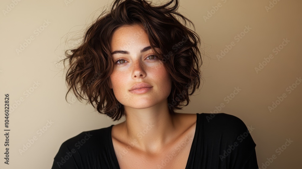 A woman with curly dark hair wearing a black top poses casually against a neutral background, embodying a balance between sophistication and casualness. A woman with curly dark hair wearing a black top poses casually against a neutral background, embodying a balance between sophistication and casualness.