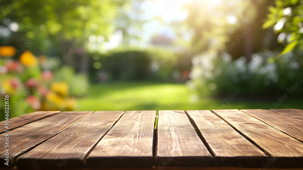 Empty sturdy wooden table summer time blurred backyard garden background Empty sturdy wooden table summer time blurred backyard garden background