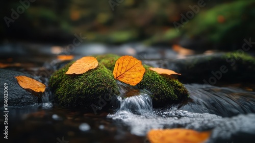 Tranquil autumn leaves grace moss-covered rocks as a gentle stream flows by, embodying the serene beauty of nature's seasonal transition in a forest haven. photo