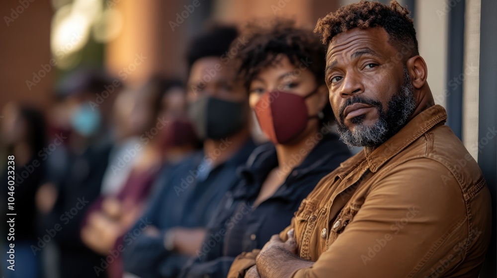 A man in a brown jacket is confidently leaning against a wall while others around him wear masks, capturing vigilance and readiness in an urban outdoor space. A man in a brown jacket is confidently leaning against a wall while others around him wear masks, capturing vigilance and readiness in an urban outdoor space.