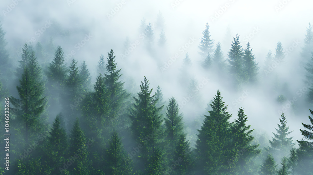 A forest filled with lots of trees covered in fog A forest filled with lots of trees covered in fog