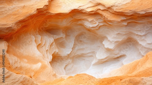 A striking abstract clay texture is vividly captured, featuring rich orange and white hues, embodying the intricate beauty of natural erosion patterns and contrast. photo