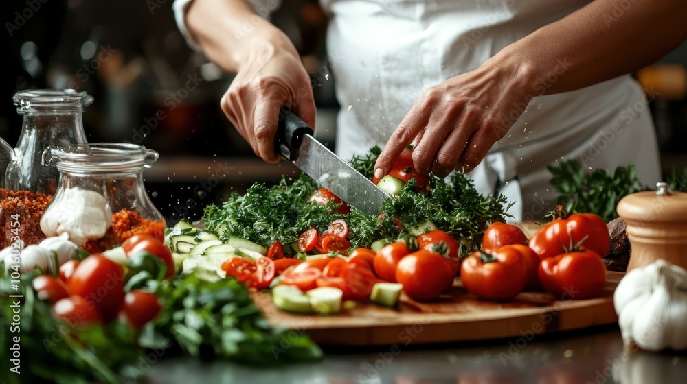 A chef energetically arranges chopped veggies alongside various ingredients in a lively kitchen, showcasing the art and joy of cooking fresh meals. A chef energetically arranges chopped veggies alongside various ingredients in a lively kitchen, showcasing the art and joy of cooking fresh meals.