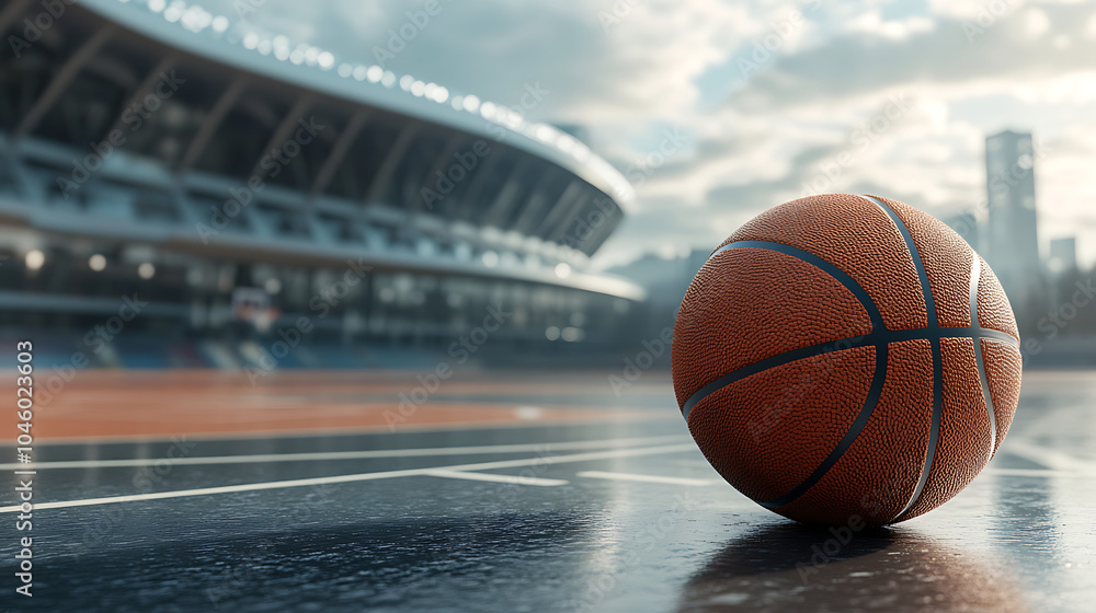 Basketball ball in front of big modern basketball arena Basketball ball in front of big modern basketball arena