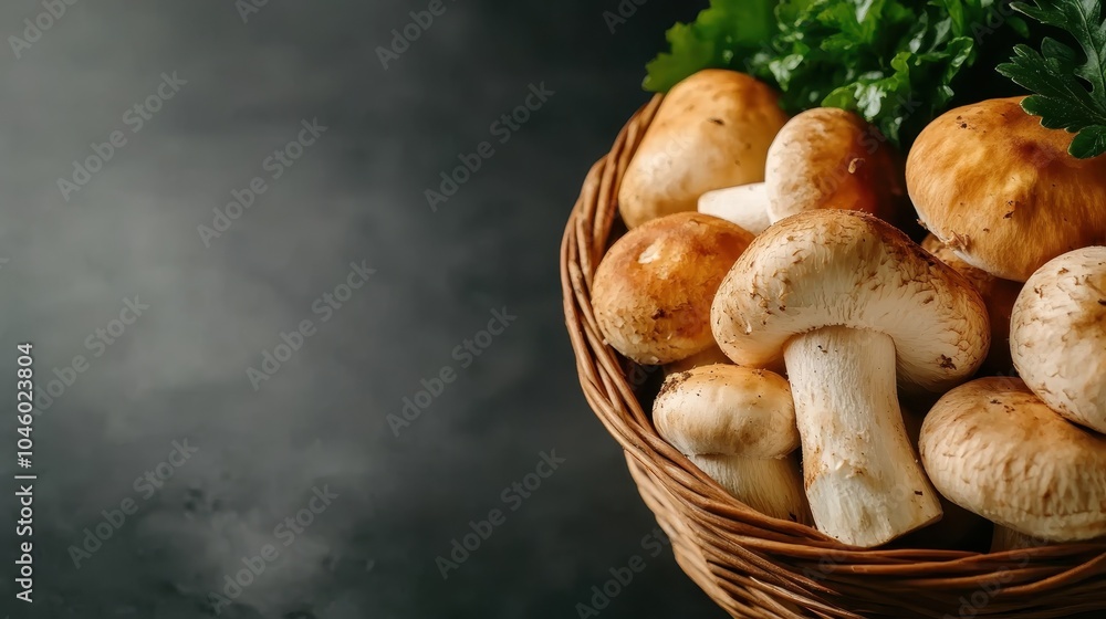 A wicker basket filled with fresh mushrooms sits alongside green herbs, highlighting the earthy textures and natural appeal perfect for culinary inspiration. A wicker basket filled with fresh mushrooms sits alongside green herbs, highlighting the earthy textures and natural appeal perfect for culinary inspiration.