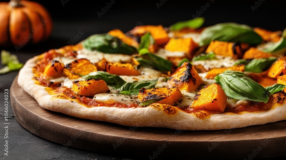 A high-angle shot of a beautifully baked pizza with vibrant chunks of pumpkin, melted cheese, and fresh basil leaves on a wooden surface, embracing freshness and flavor. A high-angle shot of a beautifully baked pizza with vibrant chunks of pumpkin, melted cheese, and fresh basil leaves on a wooden surface, embracing freshness and flavor.
