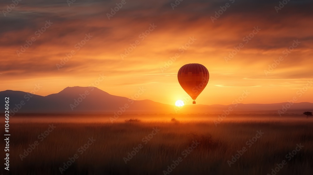 An awe-inspiring hot air balloon drifts across the mist-covered plains at sunrise, embodying grandeur, freedom, and the profound beauty of untouched landscapes. An awe-inspiring hot air balloon drifts across the mist-covered plains at sunrise, embodying grandeur, freedom, and the profound beauty of untouched landscapes.